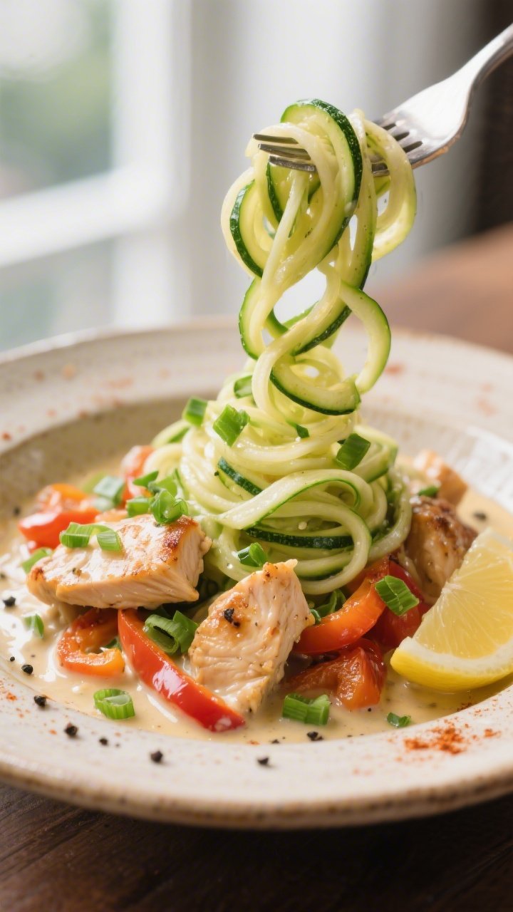 Final plated, close-up detail: Zucchini noodle version twirled high with tongs then released into a 