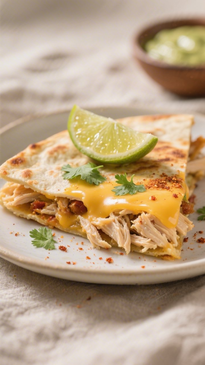 Final plated close-up: Ultra close-up of a plated keto cheesy chicken quesadilla wedge showing juicy