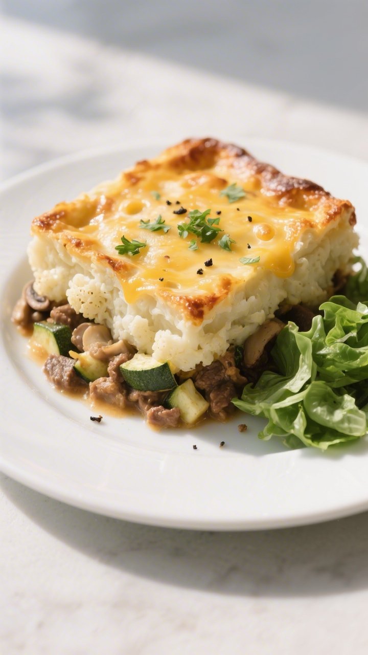 Final plated comfort-food beauty: A generous square of baked Keto Shepherd’s Pie on a matte white