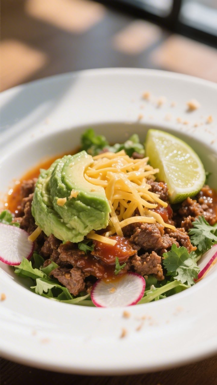 Final plated detail: Restaurant-quality presentation of the Keto Ground Beef Taco Bowl in a wide, sh