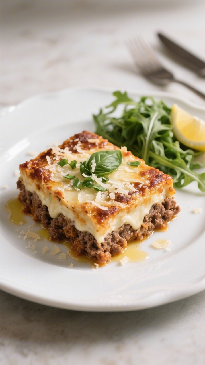 Final plated dish, : A generous square of the Keto Ground Beef Parmesan Bake plated on a white ceram
