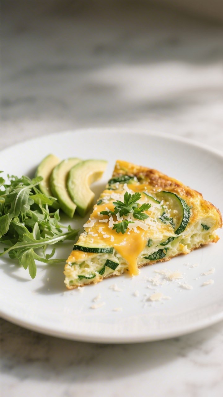 Final plated dish, : A neatly sliced wedge of keto zucchini spinach frittata on a matte white plate,