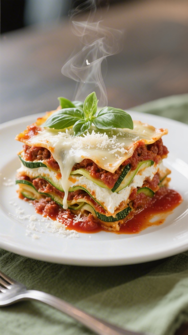 Final plated dish: A tall, clean slice of Keto Zucchini Lasagna on a white ceramic plate, layers cle