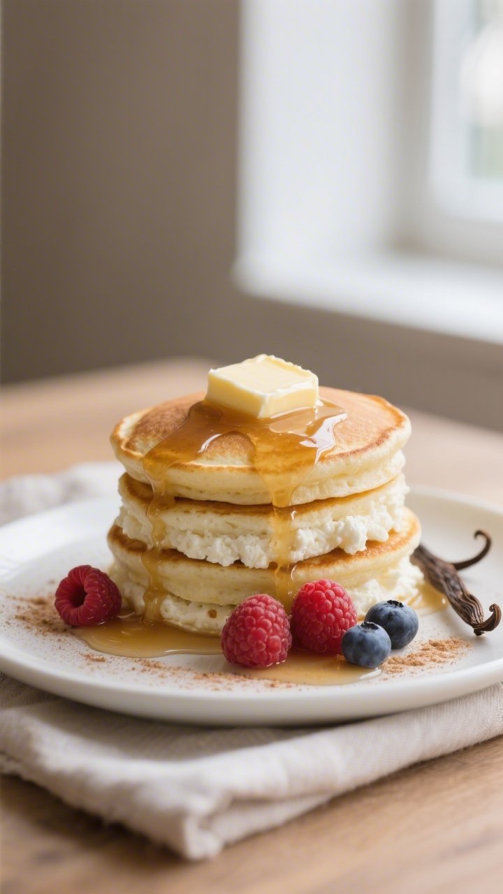 Final plated dish: A tall stack of keto cottage cheese pancakes on a matte white plate, topped with 