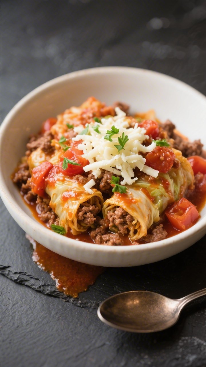 Final plated dish, : Beautifully plated bowl of Keto Ground Beef Cabbage Roll Skillet, heaped and sa