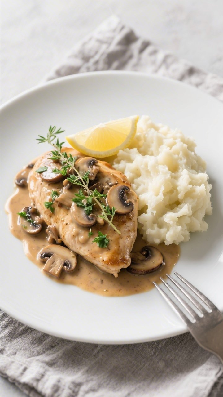 Final plated dish: Beautifully plated Keto Chicken Marsala on a matte white plate with a swoosh of m