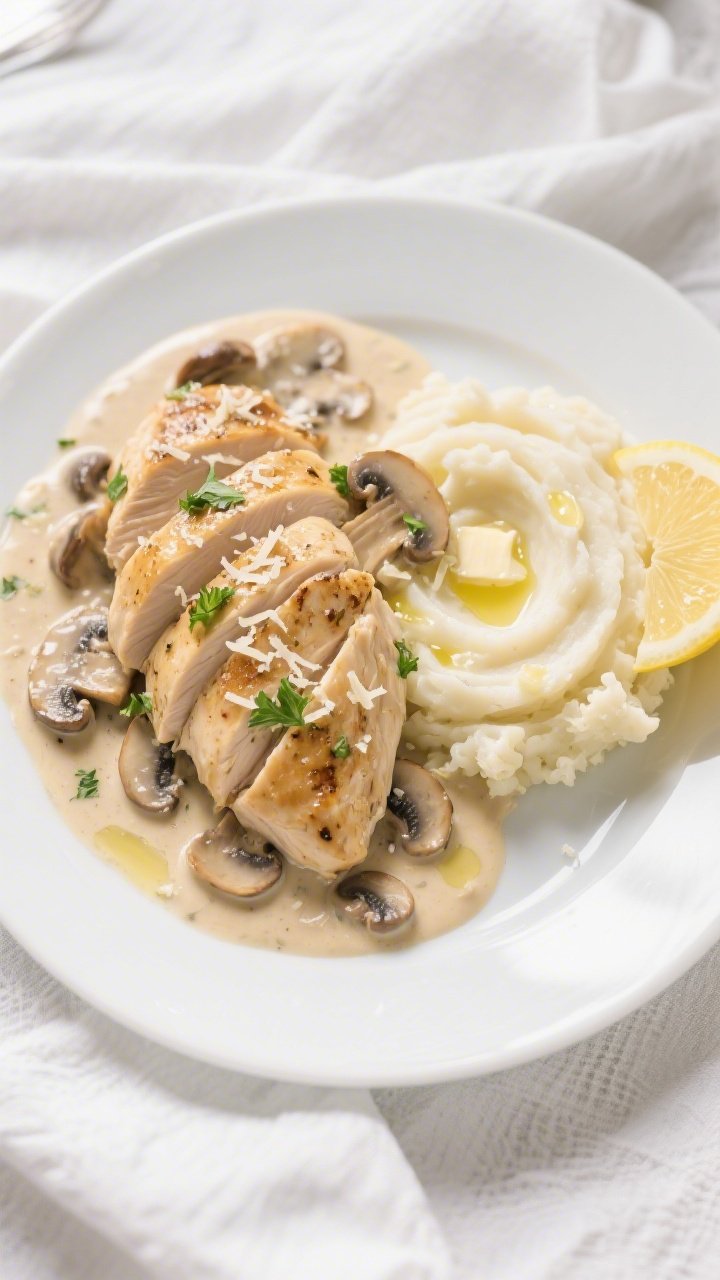 Final plated dish: Beautifully plated Keto Creamy Mushroom Chicken Italian Style—two sliced chicke