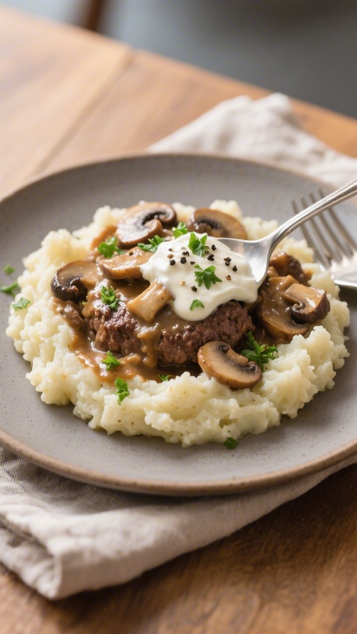 Final plated dish: Beautifully plated Keto Hamburger Stroganoff spooned over buttery cauliflower mas