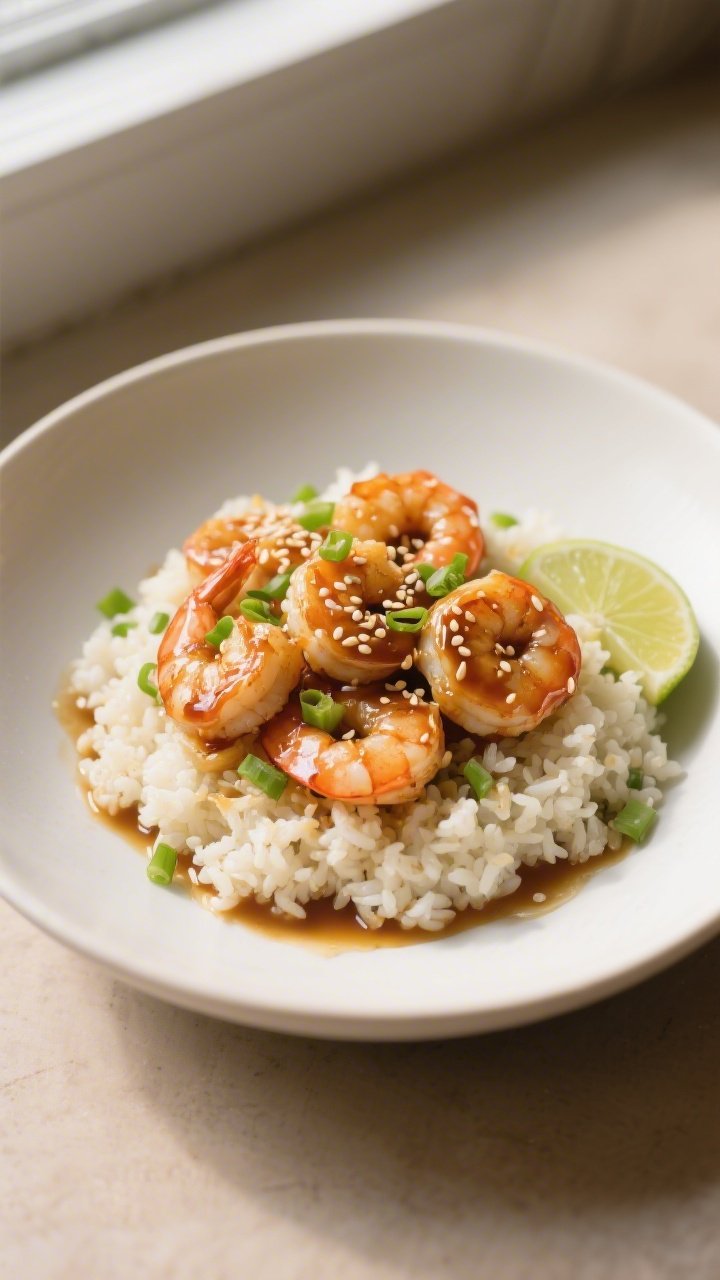 Final plated dish: Beautifully plated Keto Honey Garlic Shrimp over fluffy cauliflower rice in a wid