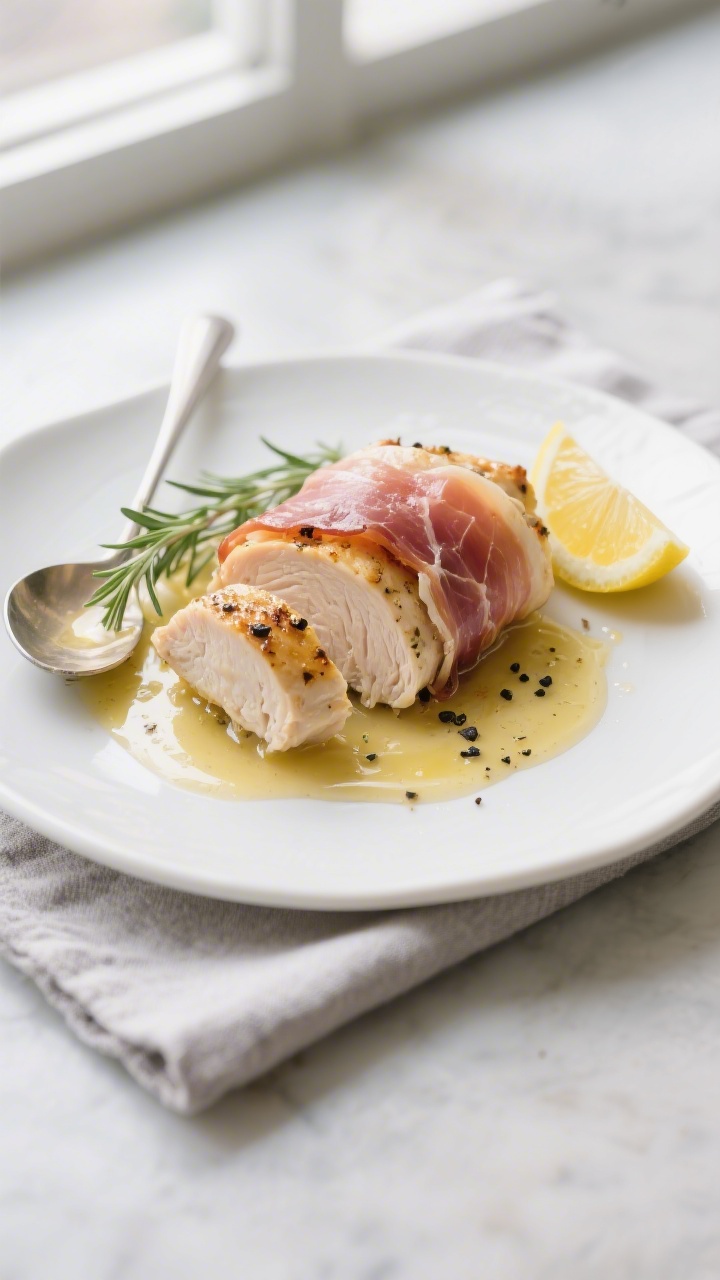 Final plated dish: Beautifully plated Keto Prosciutto Wrapped Chicken on a white ceramic plate, slic