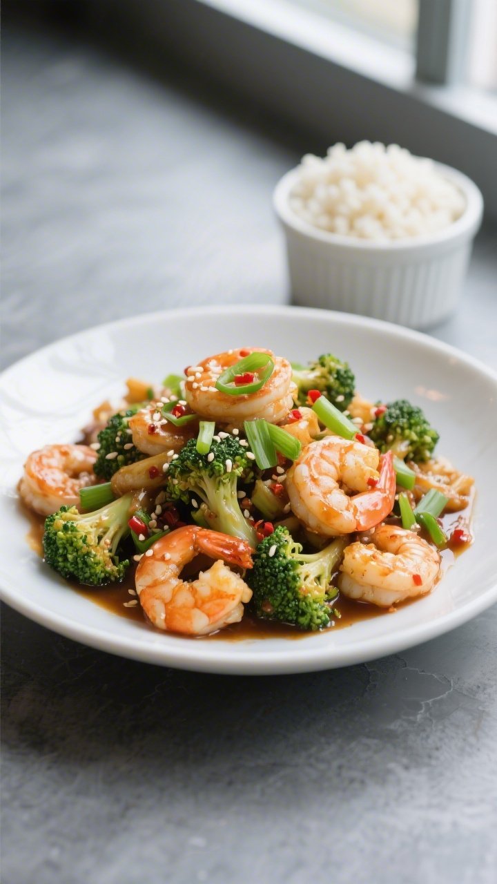 Final plated dish, : Beautifully plated Keto Shrimp and Broccoli Stir-Fry piled high in a wide, shal