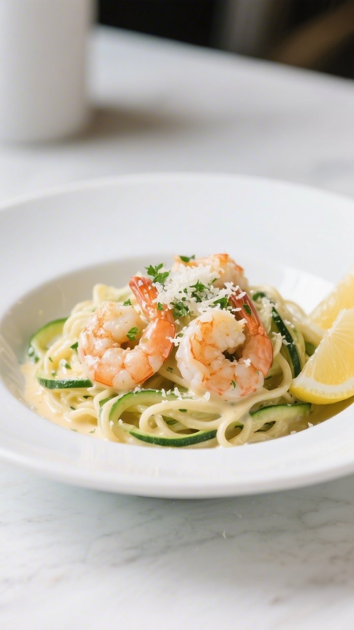 Final plated dish: Beautifully plated Keto Shrimp Alfredo over just-tender zucchini noodles, lightly