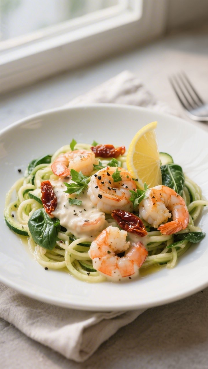 Final plated dish: Beautifully plated Keto Tuscan Shrimp Skillet over a nest of zucchini noodles on 