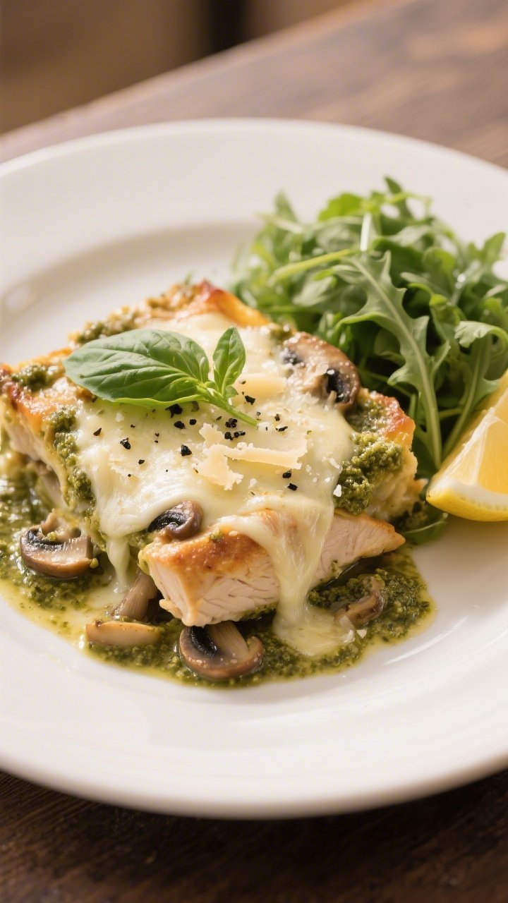 Final plated dish: Beautifully plated portion of the casserole on a matte white plate, gooey mozzare