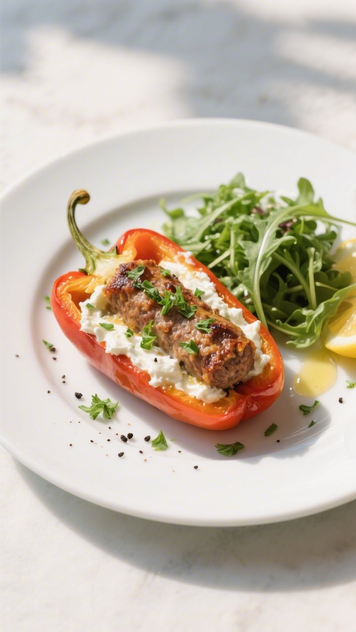 Final plated dish: Beautifully plated Sausage & Cream Cheese Stuffed Peppers on a white ceramic plat