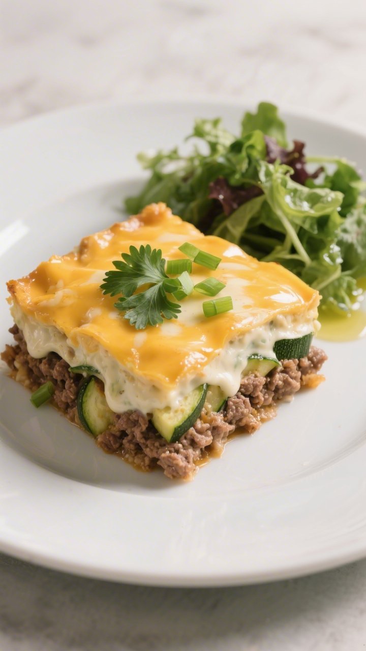 Final plated dish: Beautifully plated square of Keto Ground Beef Ranch Casserole on a matte white pl