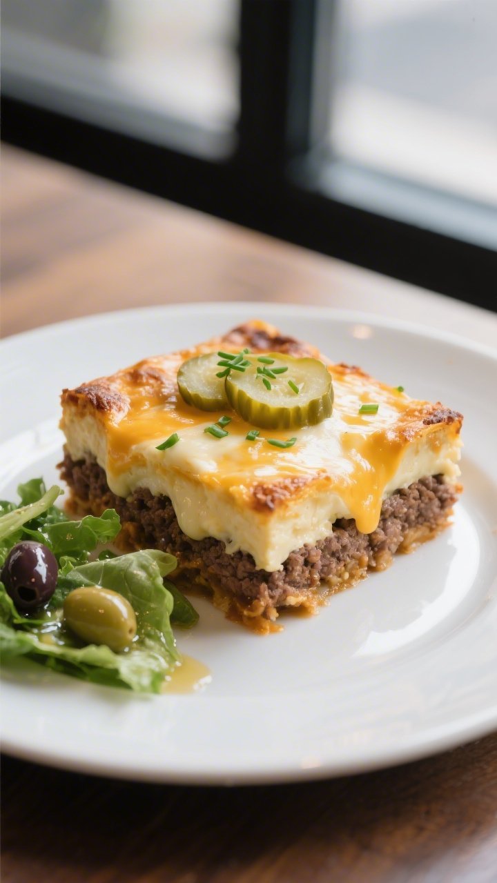 Final plated dish beauty: A neat square slice of the cheeseburger casserole on a matte white plate,