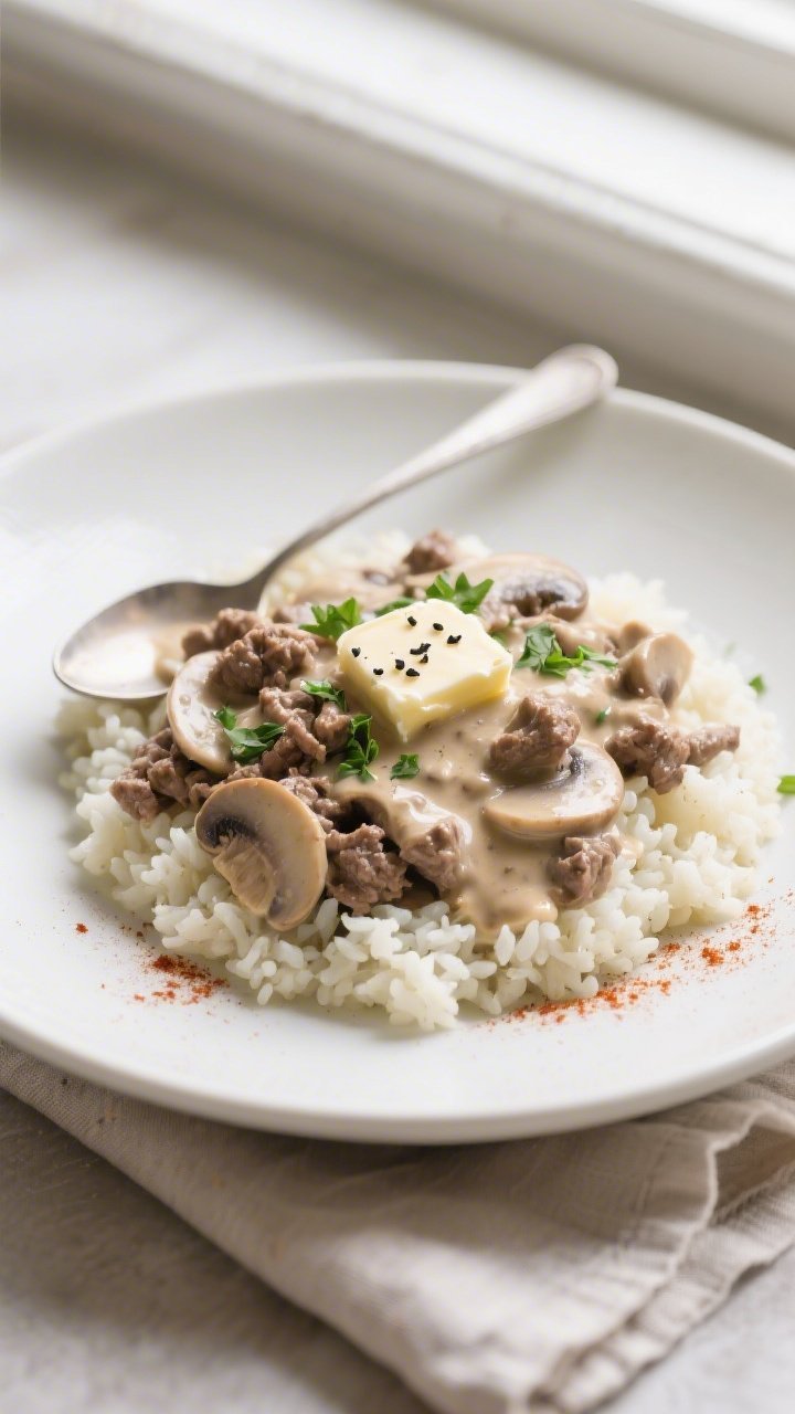 Final plated dish beauty: Creamy keto ground beef stroganoff spooned over fluffy cauliflower rice in