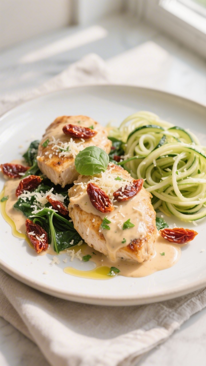 Final plated dish beauty: Keto Creamy Sun Dried Tomato Chicken elegantly plated on a wide, matte whi