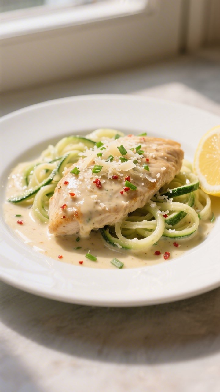 Final plated dish beauty: Restaurant-style plate of Keto Creamy Garlic Butter Chicken arranged over 