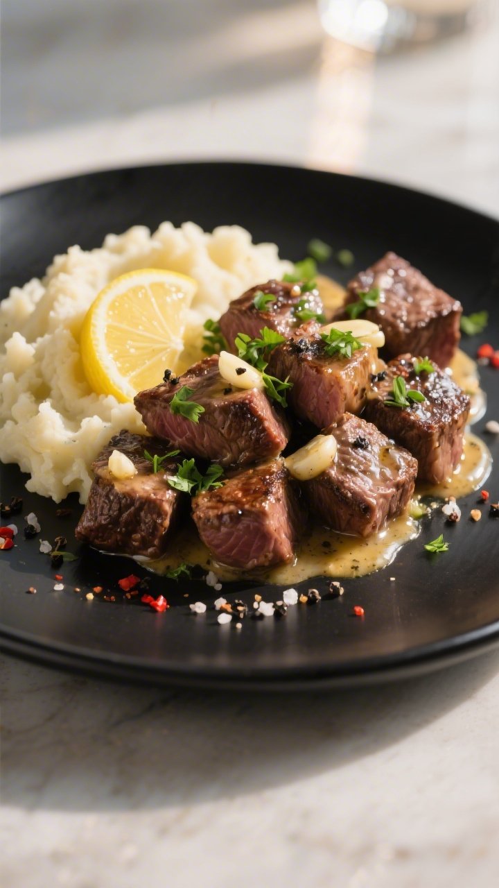 Final plated dish beauty shot: Juicy Keto Garlic Butter Steak Bites piled on a matte black plate, gl