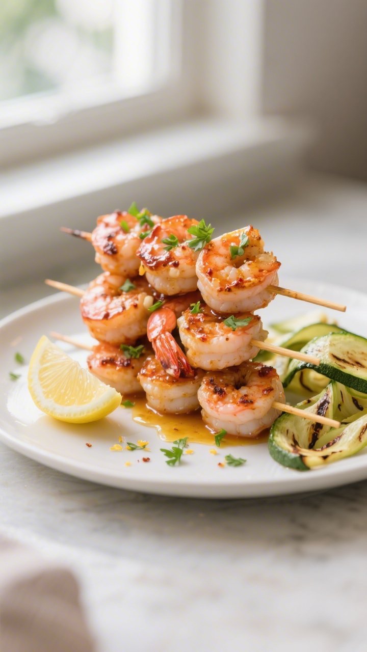 Final plated dish beauty shot: Keto Cajun Shrimp Skewers stacked on a matte white platter, finished 