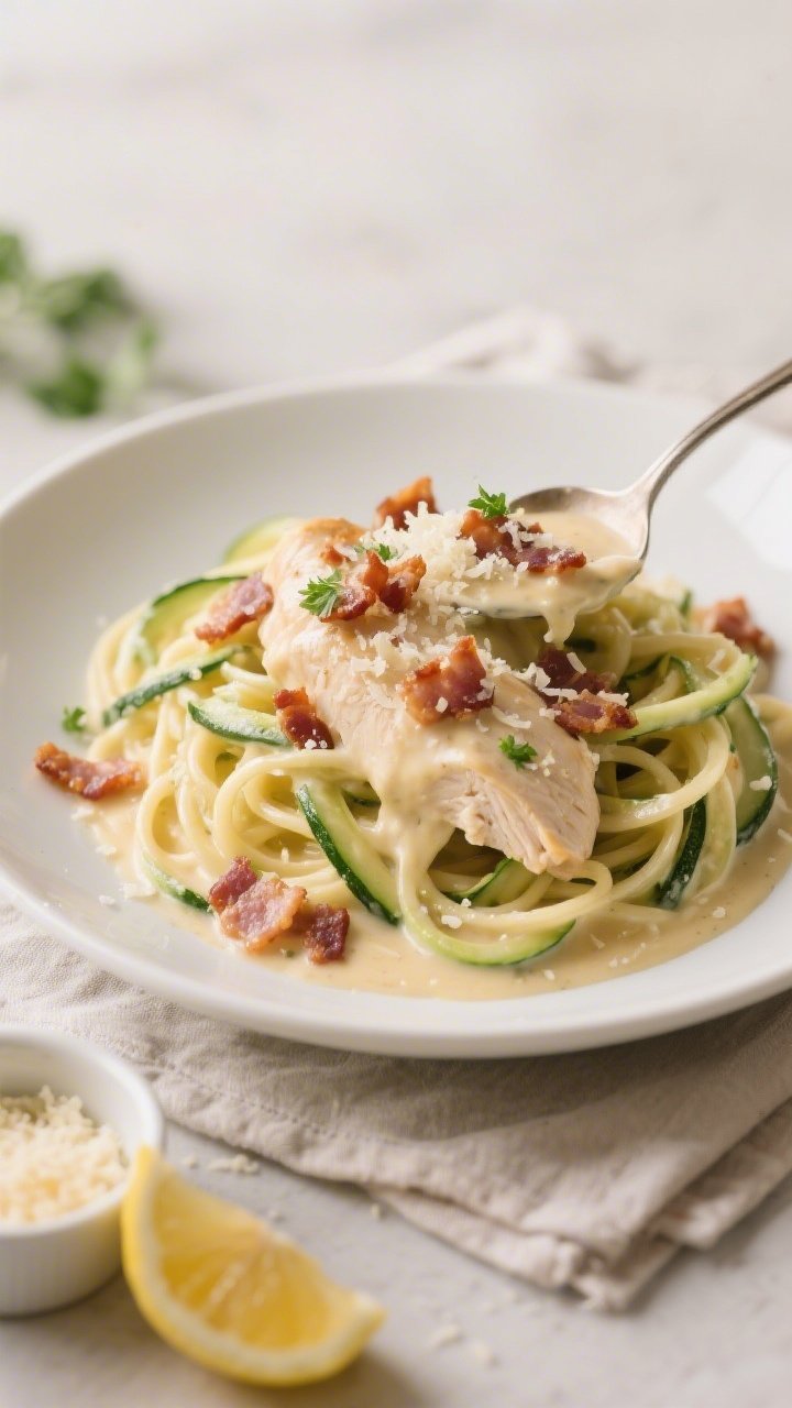 Final plated dish beauty shot: Keto Chicken Bacon Alfredo spooned over lightly sautéed zucchini noo