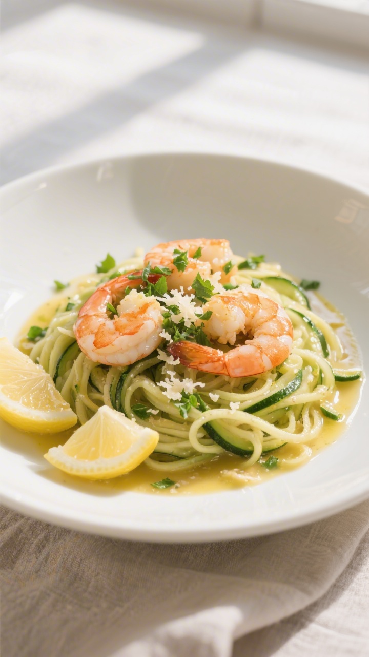 Final plated dish beauty shot: Keto garlic butter shrimp scampi over just-tender zucchini noodles, g