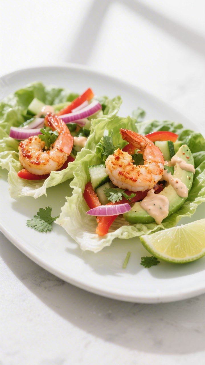 Final plated dish beauty shot: Keto Shrimp Lettuce Wraps assembled on a matte white oval plate, stur