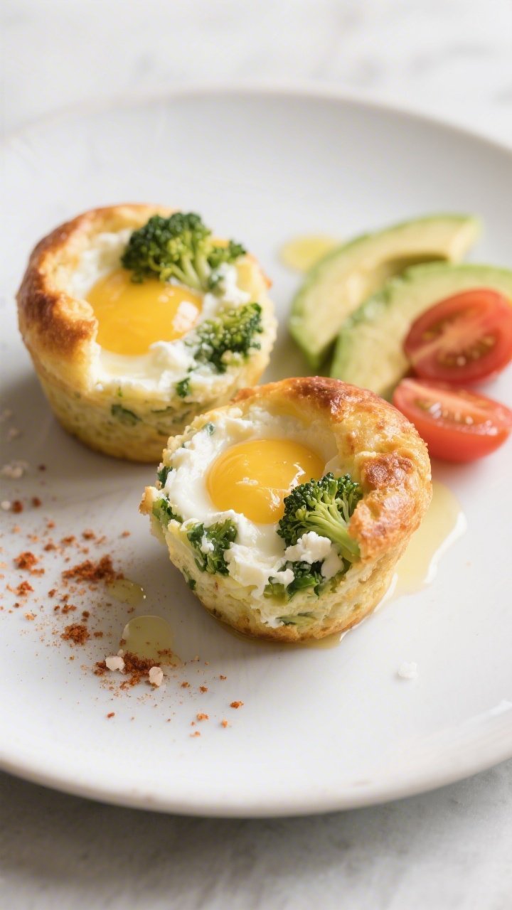 Final plated dish, brunch-ready presentation: Two Broccoli & Goat Cheese egg muffins sliced open on 