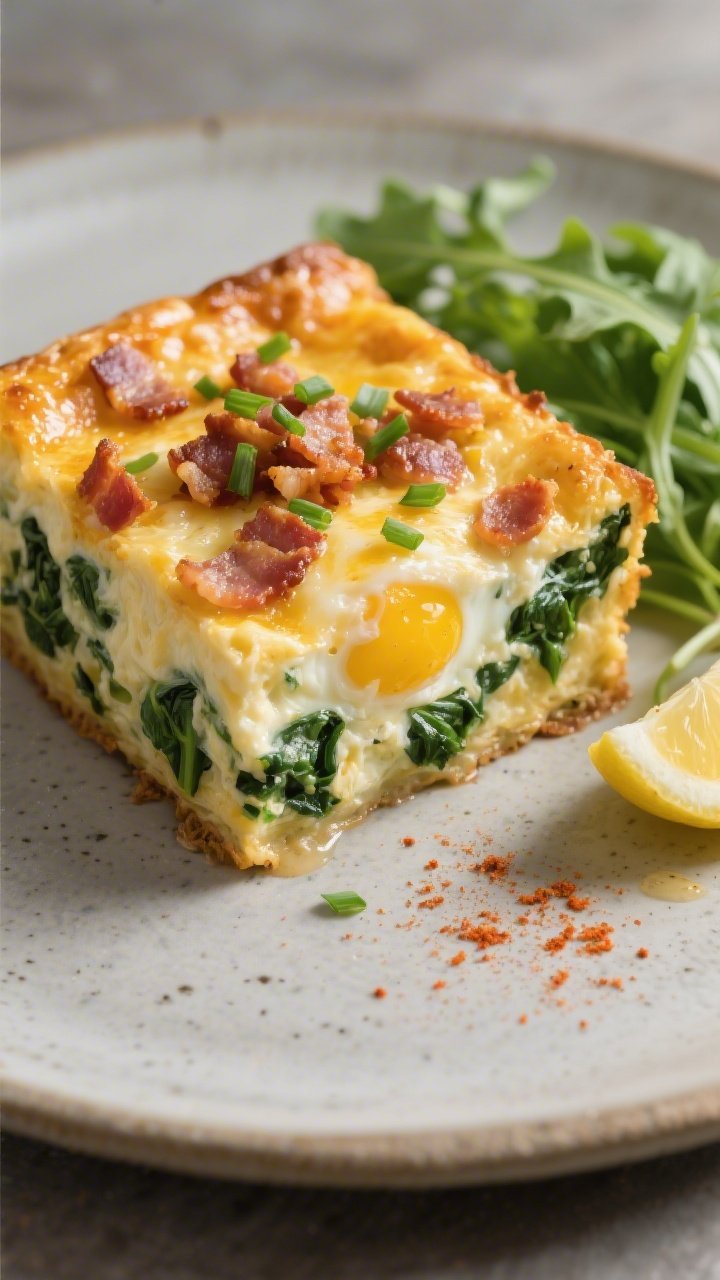 Final plated dish close-up: A thick square slice of the Spinach, Bacon & Egg Keto Bake plated on a m