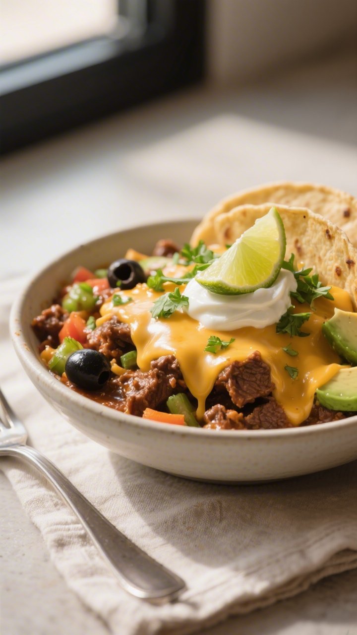 Final plated dish: Close-up detail of a generous serving scooped into a shallow, wide bowl—rich, s