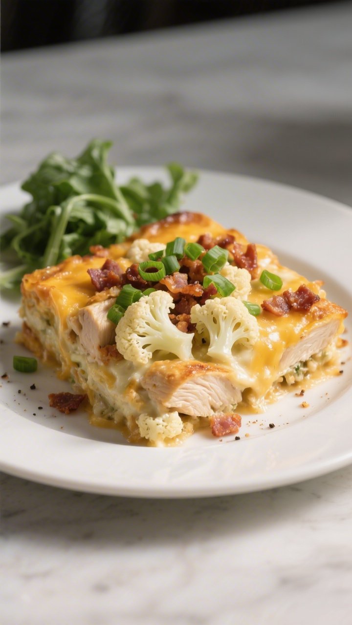 Final plated dish — comfort served: Beautifully plated square of Loaded Cauliflower Chicken Casser