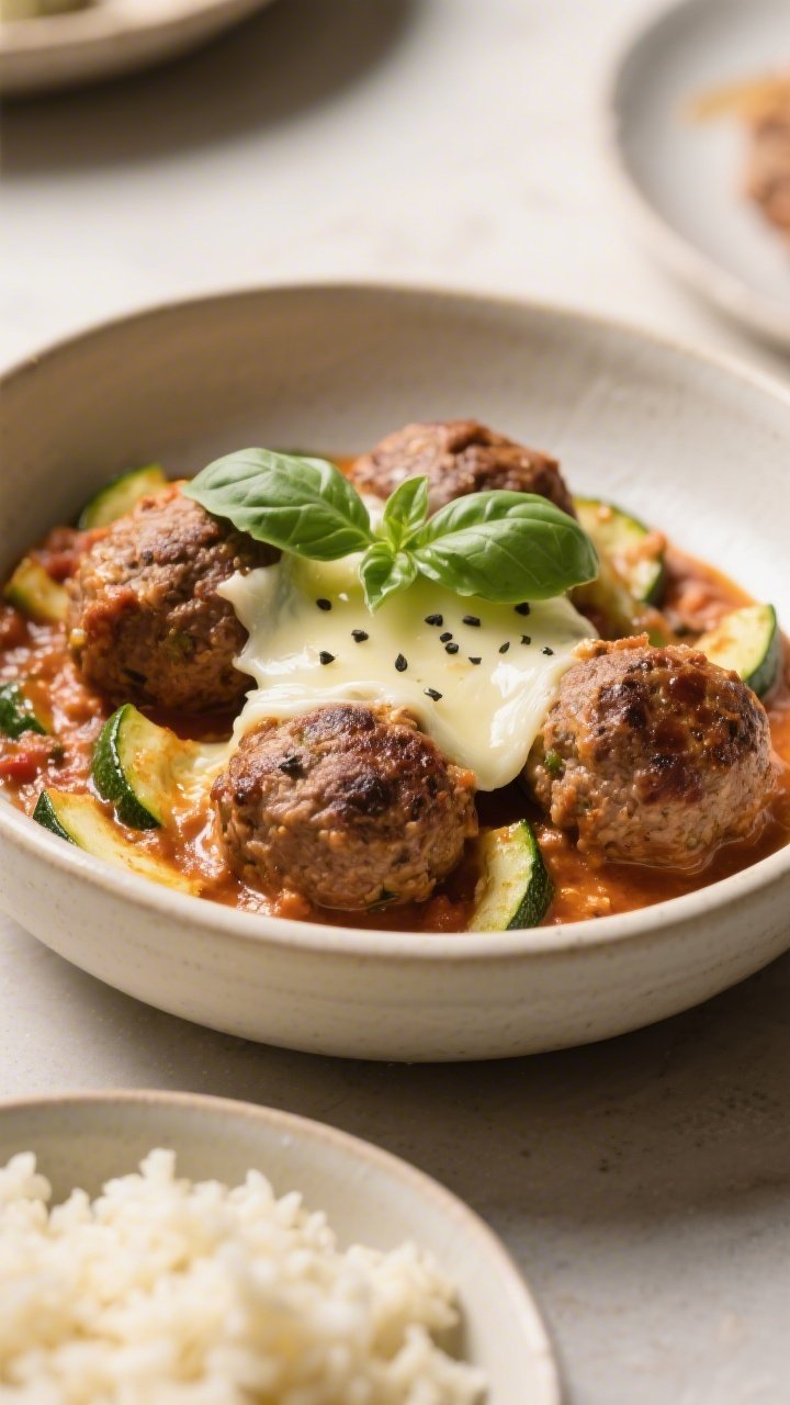 Final plated dish, composed bowl presentation: Beautifully plated bowl of Keto Zucchini Meatball Ski