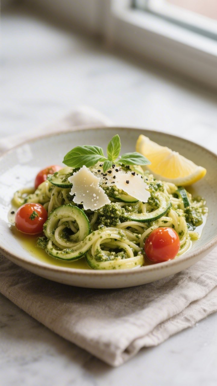 Final plated dish, : Elegant bowl of Keto Zucchini Pesto Pasta freshly tossed off-heat with vivid, c