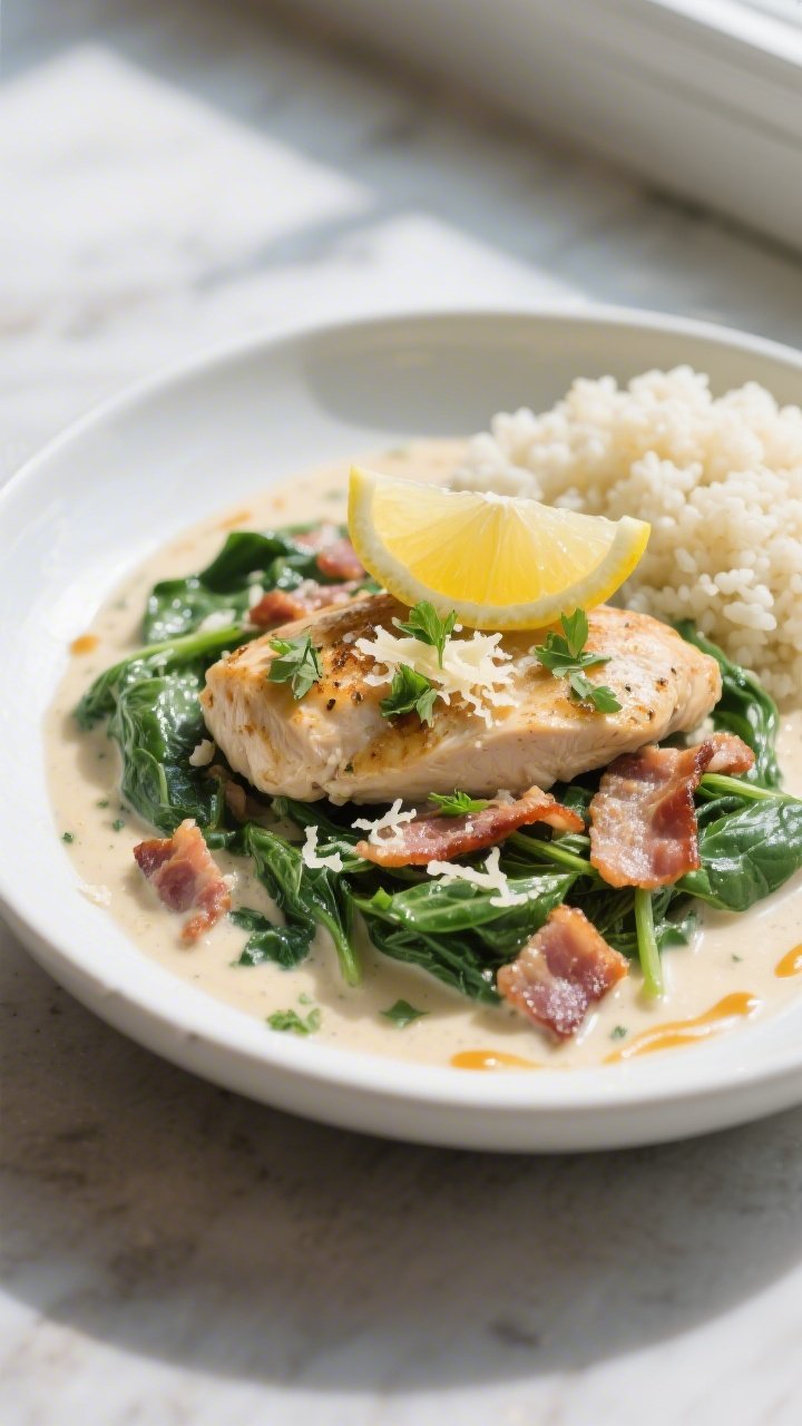 Final plated dish hero: Beautifully plated Keto Chicken Bacon Spinach Skillet served in a shallow wh