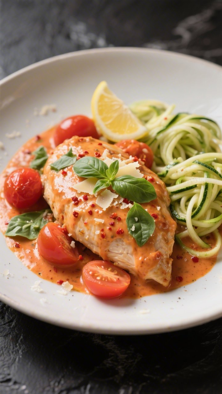 Final plated dish (): Keto Creamy Tomato Basil Chicken elegantly plated on a matte white shallow bow