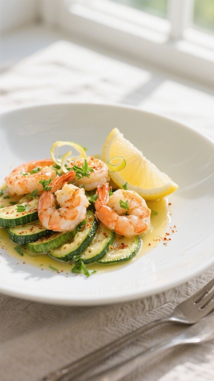 Final plated dish: Keto Lemon Butter Zucchini Shrimp elegantly arranged in a wide, white shallow bow