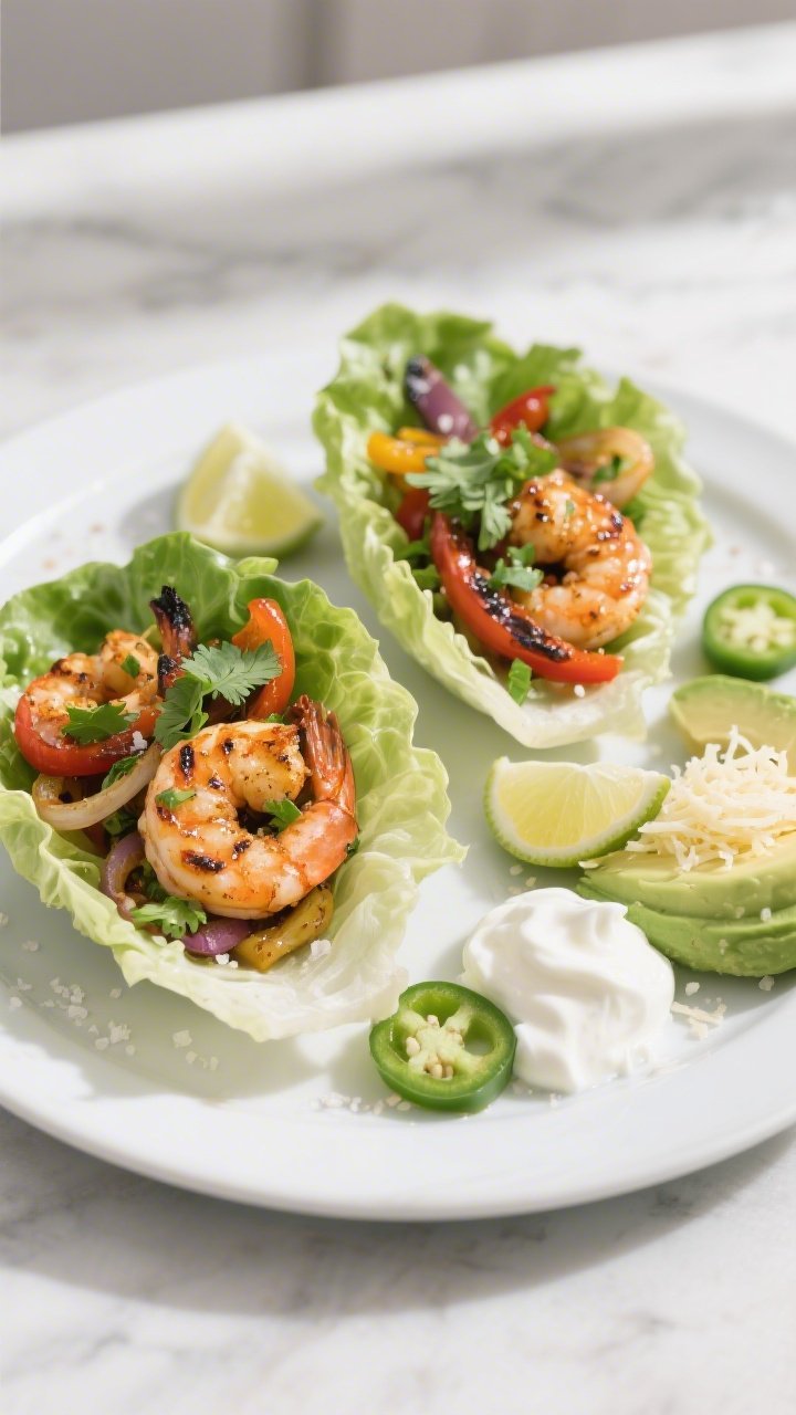 Final plated dish: Lettuce-cup keto shrimp fajitas arranged on a matte white plate, each crisp romai