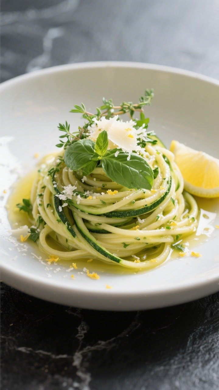 Final plated dish portrait: Garlic Herb Keto Zucchini Pasta twirled into a high nest on a matte whit
