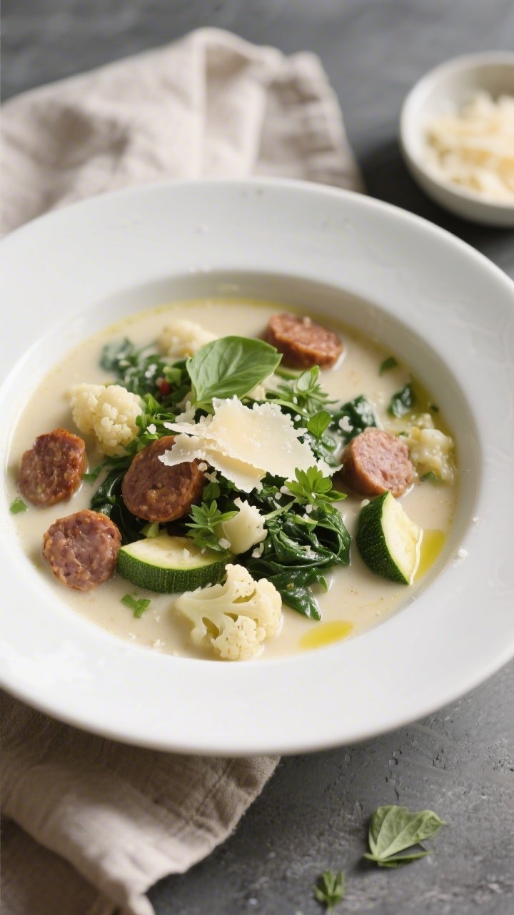 Final plated dish, restaurant-quality: A wide, shallow white bowl filled with Keto Italian Sausage S