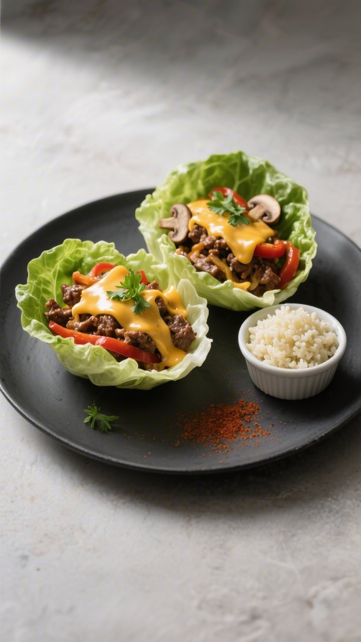 Final plated dish, restaurant-quality: Beautifully plated Keto Ground Beef Philly Cheesesteak Skille