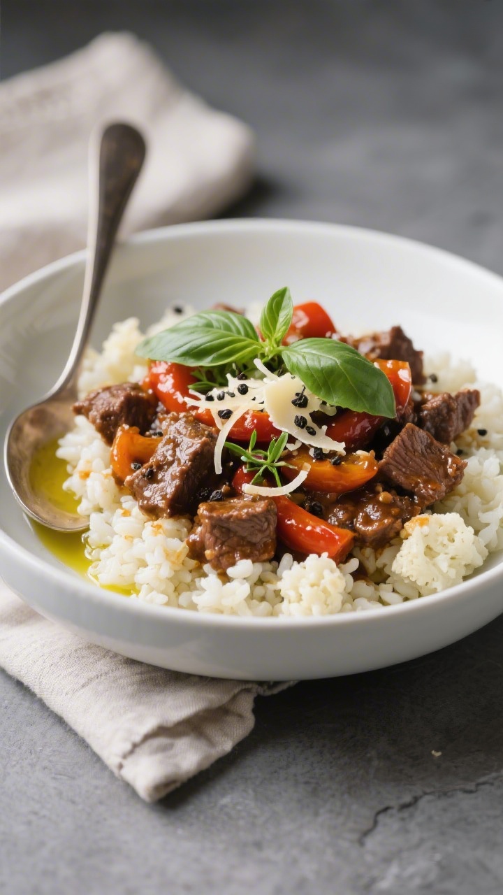 Final plated dish: Restaurant-quality bowl of Keto Italian Beef Skillet spooned over fluffy cauliflo