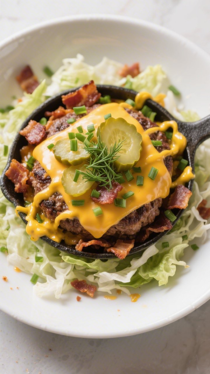 Final plated dish: Restaurant-quality “burger bowl” presentation—generous scoop of the keto ba