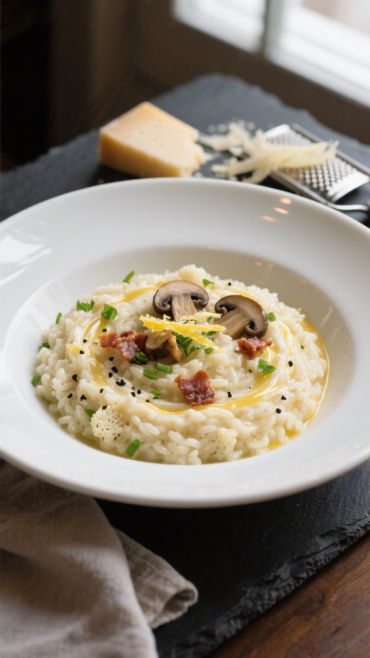 Final plated dish, restaurant-quality: Creamy Keto Cauliflower Risotto swirled into a shallow white 