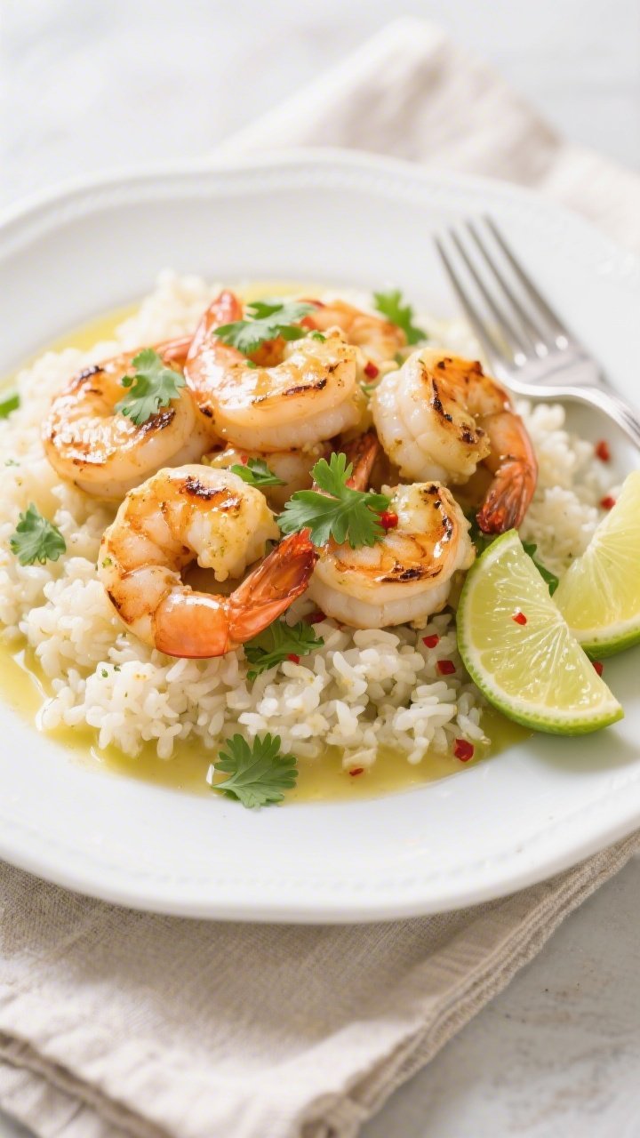 Final plated dish, restaurant-quality: Keto Butter Lime Shrimp piled over fluffy cauliflower rice on