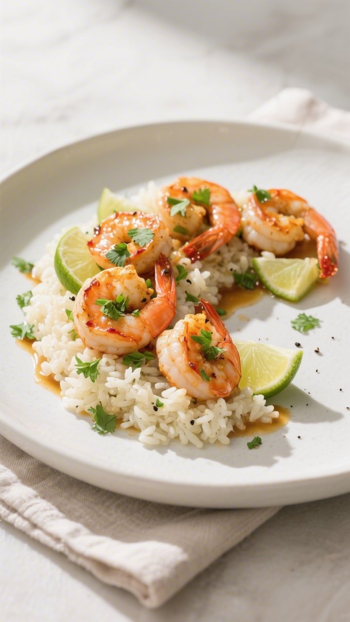 Final plated dish, restaurant-quality: Keto Chili Lime Shrimp arranged in a loose crescent over fluf