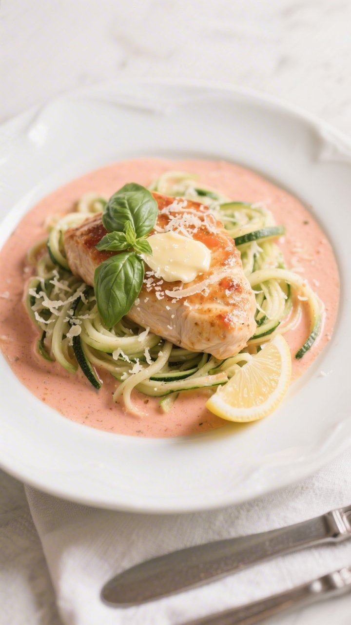 Final plated dish, restaurant-quality: Keto Creamy Tomato Basil Chicken arranged on a wide white cer