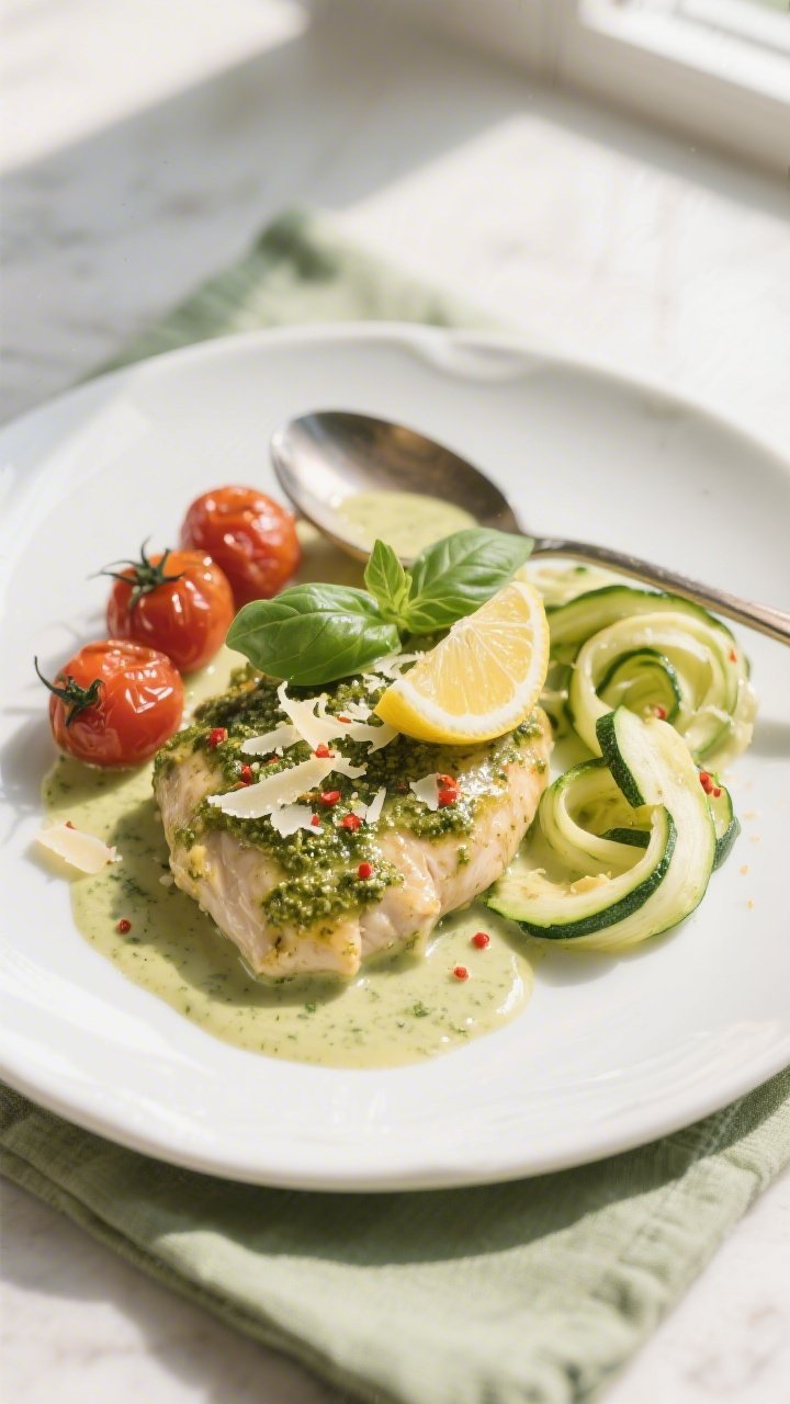 Final plated dish, restaurant-quality: Keto Creamy Pesto Chicken elegantly plated on a wide white ce