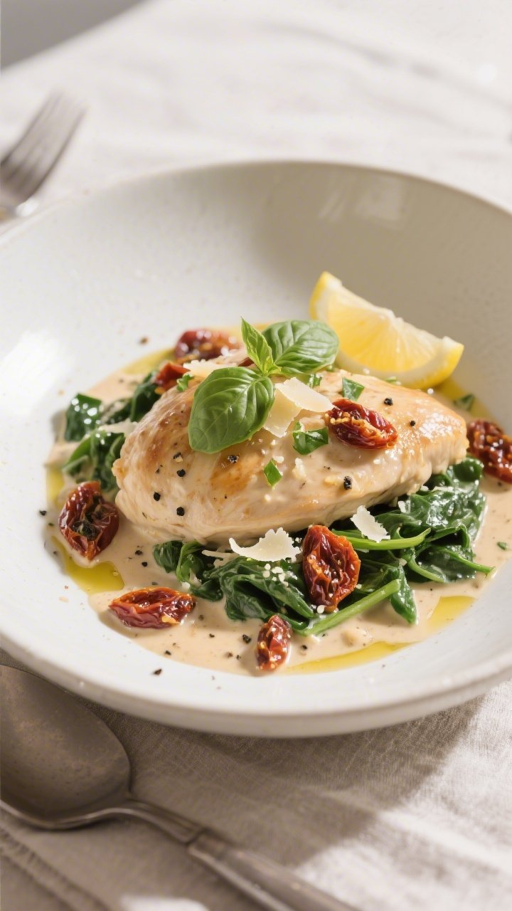 Final plated dish, restaurant-quality: Keto Creamy Tuscan Garlic Chicken plated on a wide, shallow w